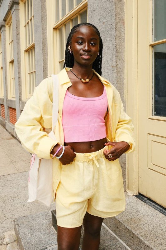 Capri Butter Yellow Linen Button Down and Short Set Clothing mure + grand 